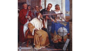 Một bức bích họa của Giuseppe Bertini miêu tả Galileo chỉ cho Tổng trấn Venice cách sử dụng kính viễn vọng. Tín dụng: Giuseppe Bertini / http://www.gabrielevanin.it/S.Marco1609.htm / http://www.gabrielevanin.it/Bertini.jpg