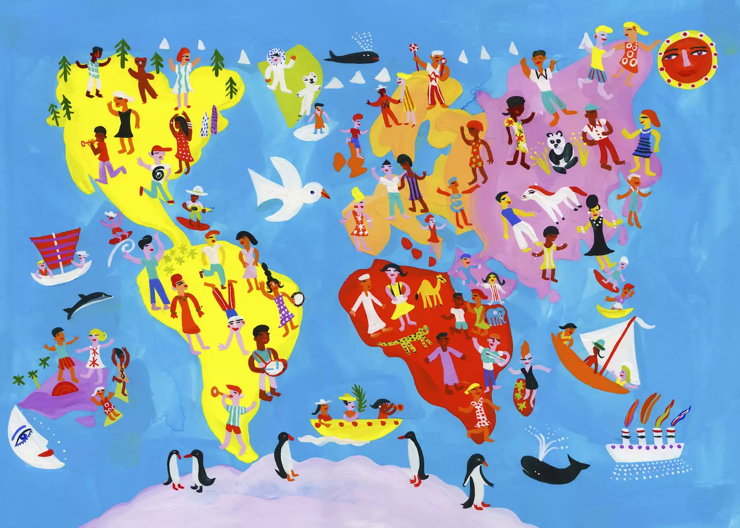Bản đồ thế giới minh họa những người đang vui vẻ