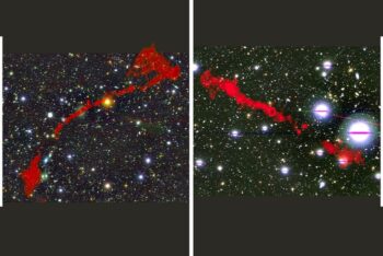 I. HEYWOOD (OXFORD/RHODES/SARAO), NARVIKK/ISTOCK/GETTY. Hai thiên hà vô tuyến khổng lồ được tìm thấy bằng kính thiên văn MeerKAT, với ánh sáng màu đỏ